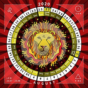 Leo zodiacal circle caledar of year 2020 with features