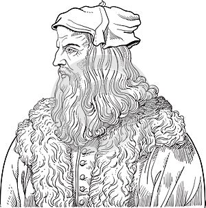 Leonardo Da Vinci line art portrait. Vector