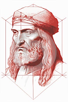 Leonardo da Vinci portrait, thin line of ink. felt-tip pen sketch.
