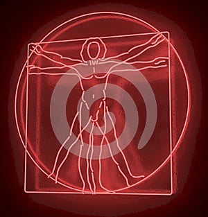 Leonardo Da Vinci's Vitruvian Man in a Red Neon Tube, Quadratus, 3d rendering on black background