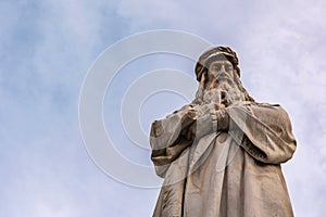 Leonardo Da Vinci Statue Milan Italy Blue Sky Closeup Portrait B