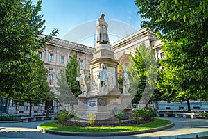 Leonardo`s monument on Piazza Della Scala, Milan, Italy