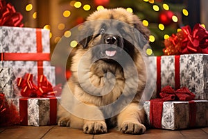 Leonberger puppy lies on the wooden floor among Christmas presents, lights in the background