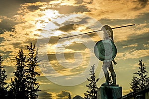 Leonidas statue, under a dramatic cloudscape at sunset,Thermopylae, Greece.