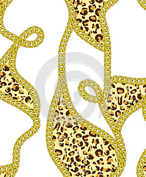 Leopard animal and golden chain color seamless pattern design,  illustration background. Endless texture for textile, paper