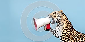 Leopard announcing using hand speaker. Notifying, warning, announcement photo