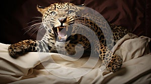 Leopard Jumping On Bed Sheets A Theatrical And Hyper-realistic Demonically Styled Photograph photo