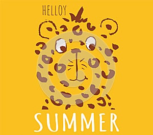 Leopard cool summer t-shirt print. African animal with slogan. Hellow summer. Gipard