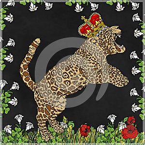 Leopard with crown and flowers on blackboard. Vector illustration.