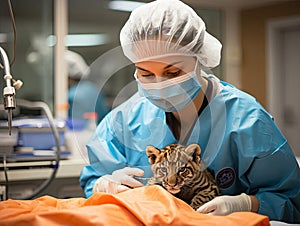 Leopard cub doctor with toy patient