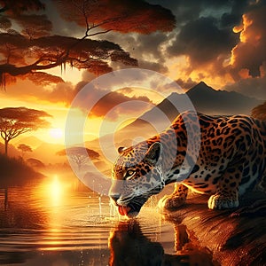 A leopard drinks from a tranquil river, surrounded by a vibrant sunset and lush jungle.