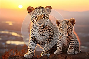 Leopard family resting in warm african savanna sunset with breathtaking natural backdrop