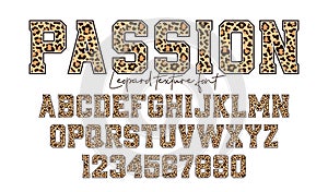 Leopard font. Alphabet and numbers with leopard skin print. College style font with wild leopard skin texture