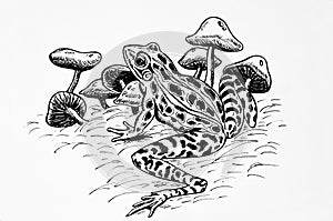 Leopard frog and mushrooms