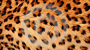 Leopard furry coat close up texture. Brown black wildlife leo fur abstract background photo