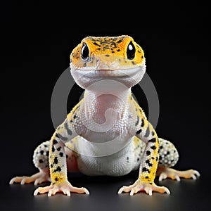 Leopard gecko on a black background,  Studio photography of a lizard