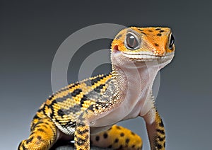 Leopard gecko isolated on gray background, closeup portrait