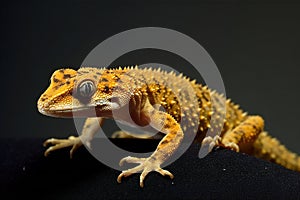 A leopard gecko is standing on a black background and looking at the camera