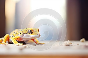 leopard gecko in a warm, sandy vivarium
