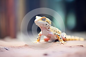 leopard gecko in a warm, sandy vivarium