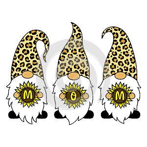 Leopard gnomes with sunflower. Mom phrase. Happy Mothers Day vector card