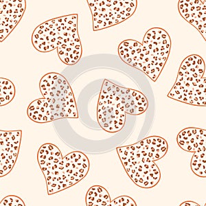 Leopard heart seamless pattern, beige jaguar print, Valentines day romantic hearts repeate background.