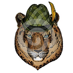 Leopard, jaguar face. Austrian bavarian tirol hat. Beer festival. Oktoberfest.