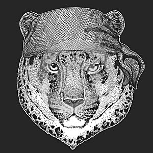 Leopard, jaguar face. Bandana. Biker, pirate. Portrait of wild animal.