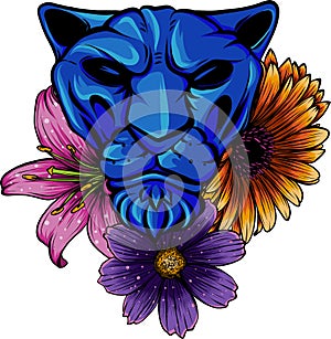 Leopard jaguar with flowers. Jaguar face with flowers, color tattoo. vector illustration on white background