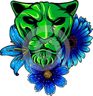 Leopard jaguar with flowers. Jaguar face with flowers, color tattoo. vector illustration on white background