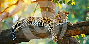 Leopard Lounging on Tree Branch