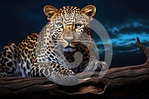 Leopard lying on a branch and looking at the camera, 3d render, African Leopard, Panthera pardus illuminated by beautiful light,