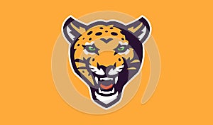 Leopard mascot logo. Wild animal head logo with grin. Badge, sticker of a leopard for a team, sports club. Isolated