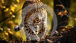 leopard navigates through its natural woodland habitat