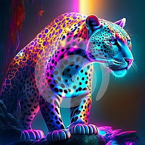Leopard in neon light. 3d illustration. 3d rendering AI Generated