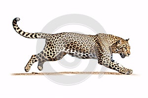 A leopard Panthera pardus leaps, viewed from the side, on a white background
