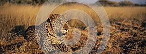 Leopard (Panthera Pardus) lying in grass on savannah