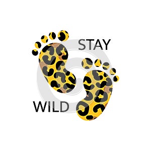 Leopard print baby footprint icon. Beige and brown color. Stay wild inscription. Isolated vector illustration for banner