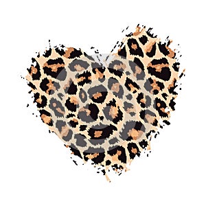 Leopard print textured hand drawn brush stroke heart shape. Abstract paint spot with wild animal cheetah skin pattern texture.