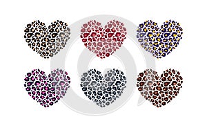 Leopard print textured hearts set. Abstract design element with wild animal cheetah skin spot pattern texture. Heart