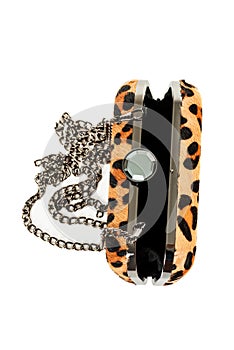 Leopard purse isolated on white background vertical