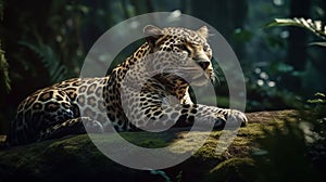 Leopard relax in the rain forest on the timber. Generative AI
