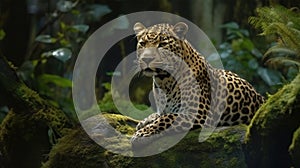 Leopard relax in the rain forest on the timber. Generative AI