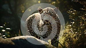 Leopard relax in the rain forest on the timber. Generative AI