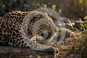 Leopard relaxing on a rock near the water's edge, AI-generated.