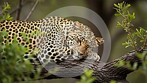 Leopard resting on tree branch in.