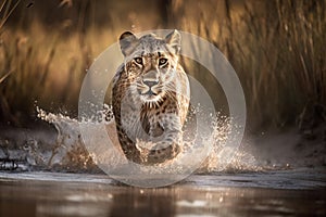 a leopard running through a body of water with tall grass in the backgrouds of the backgrouds of the background