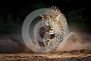 Leopard running toward the camera in the desert. Amazing African Wildlife. Generative Ai