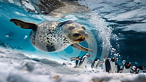 Leopard Seal Chasing Penguins Underwater, Its Sleek Form Framed Against AntarcticaÃ¢â¬â¢s Blue Depths photo