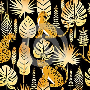 Leopard seamless pattern. Composition with leopards and tropical leaves isolated on black background.